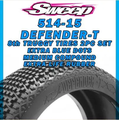 8th Truggy Defender-T Medium Compound XTRA Blue dot 2pcs tire set with No Inserts