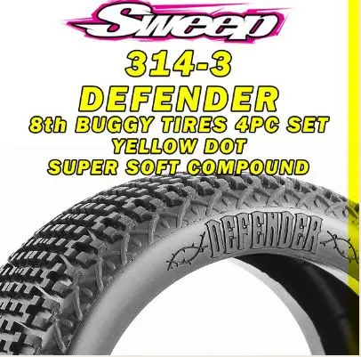 [SWEEP-314-3] 8th Buggy Defender Super Soft Compound 4pc tire set - Yellow - No Inserts