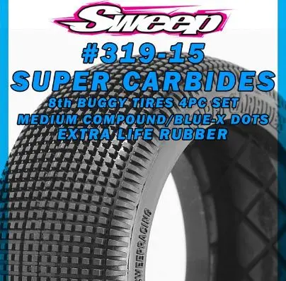 [SWEEP-319-15N] 8th Buggy Super Carbide Medium Compound 4pc tire set - Blue Long Wear - No Inserts